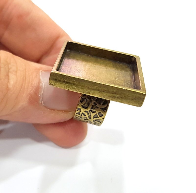 Antique Bronze Ring Blank Setting Cabochon Base inlay Ring Backs Mounting Adjustable Ring Bezel (25x25mm blank) Antique Bronze Plated G15658