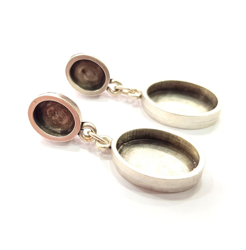 Earring Blank Base Settings Silver Resin Blank Cabochon Base inlay Blank Mountings Antique Silver Plated Metal (18x13+10x8mm ) 1 Set  G14648