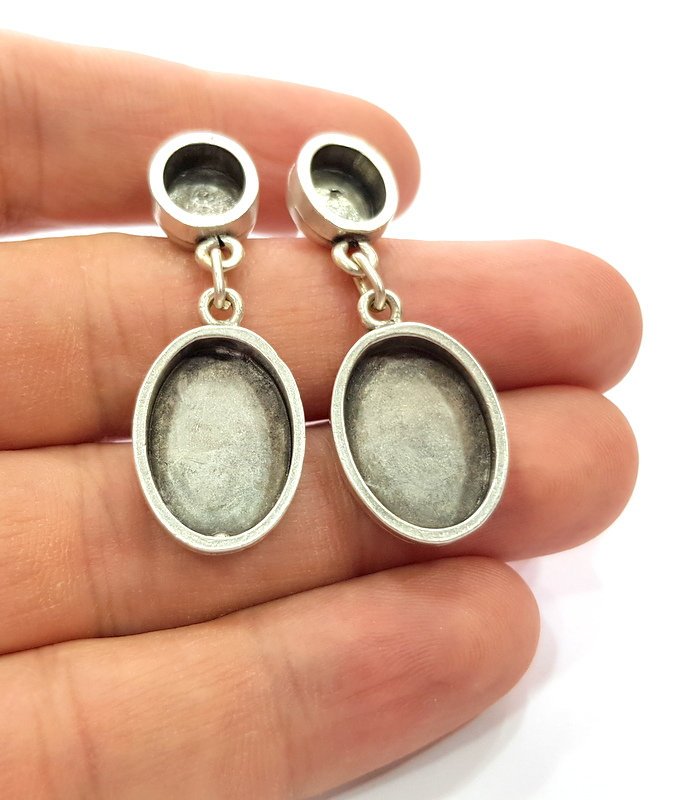 Earring Blank Base Settings Silver Resin Blank Cabochon Base inlay Blank Mountings Antique Silver Plated Metal (18x13+10x8mm ) 1 Set  G14648