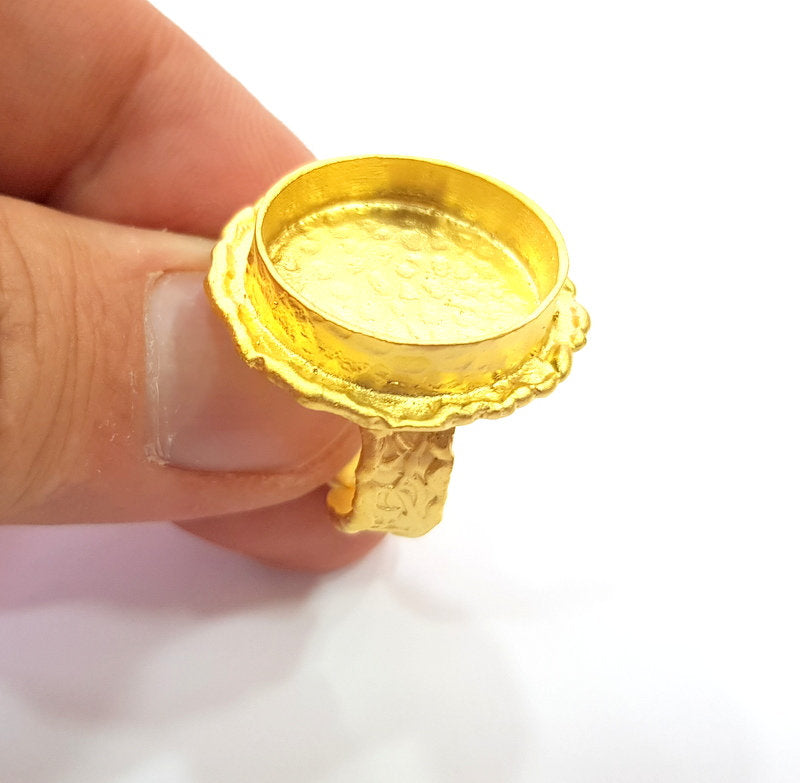Gold Ring Settings Blank inlay Ring Mosaic Ring Bezel Base Cabochon Mountings Adjustable (20mm blank ) Gold Plated Brass G14859