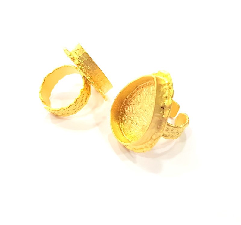 Gold Ring Settings Blank inlay Ring Mosaic Ring Bezel Base Cabochon Mountings Adjustable (25x18mm blank ) Gold Plated Brass G14862