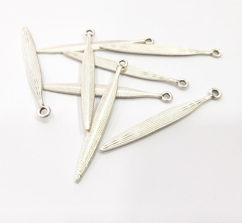 6 Feather Charm Silver Charm Antique Silver Plated Metal (54x5 mm)  G15695