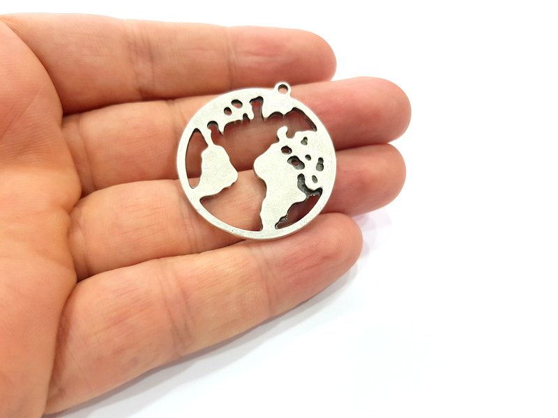 2 World Map Charm Silver Charm Antique Silver Plated Metal (34 mm)  G15698