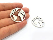 2 World Map Charm Silver Charm Antique Silver Plated Metal (34 mm)  G15698