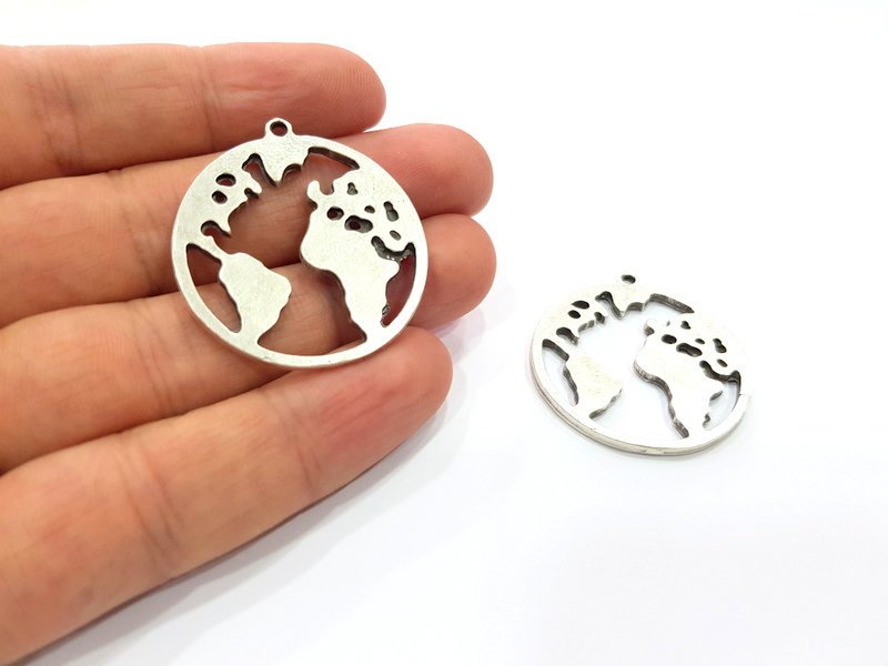2 World Map Charm Silver Charm Antique Silver Plated Metal (34 mm)  G15698