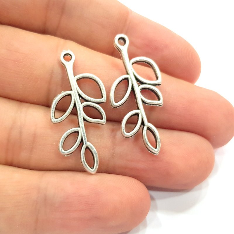 10 Leaf Charm Silver Tree branch Charm Antique Silver Plated Pendants  (33x14 mm)  G14935