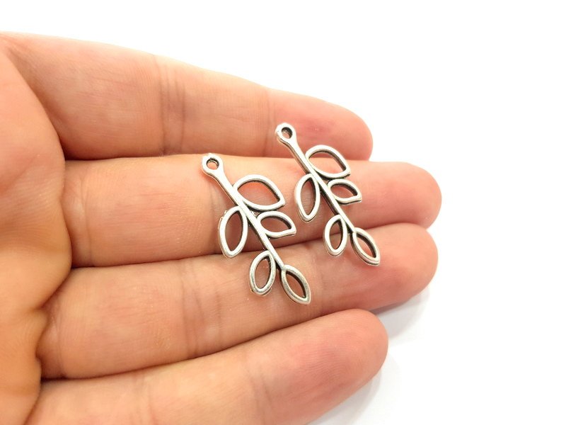 6 Leaf Charm Silver Tree branch Charm Antique Silver Plated Pendants  (33x14 mm)  G14935