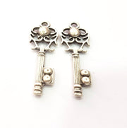 2 Key Charm Antique Silver Plated Pendants  (46x16 mm)  G15397