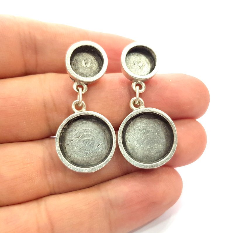 Earring Blank Base Settings Silver Resin Blank Cabochon Base inlay Blank Mountings Antique Silver Plated Metal (16mm+10mm ) 1 Pair  G14939