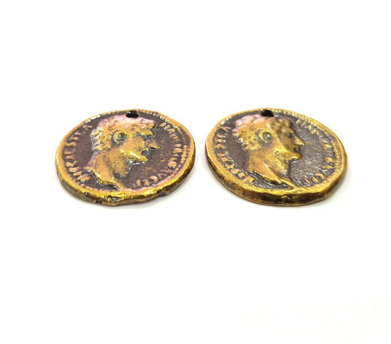 2 Antique Coin Charm Antique Bronze Charm Antique Bronze Plated Metal  (25mm) G14963