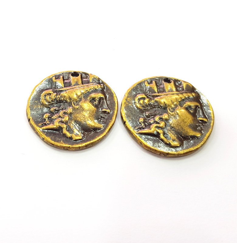 2 Antique Coin Charm Antique Bronze Charm Antique Bronze Plated Metal  (28mm) G14979