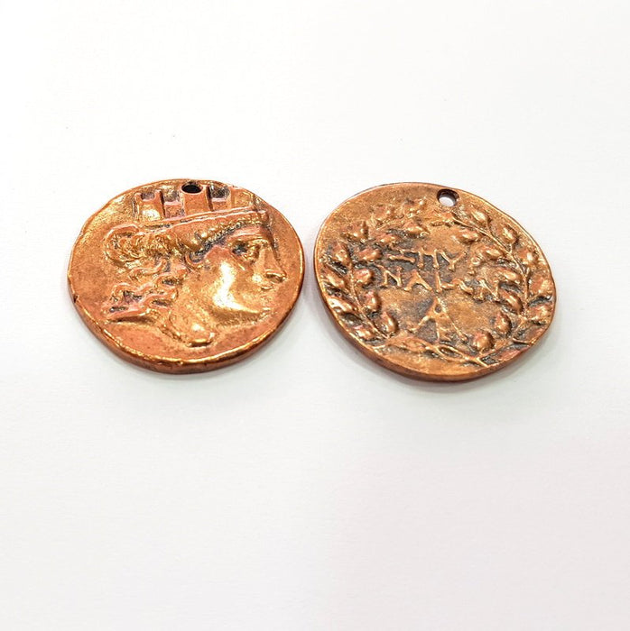 2 Copper Coin Charm Antique Copper Charm Antique Copper Plated Metal  (28mm) G14984