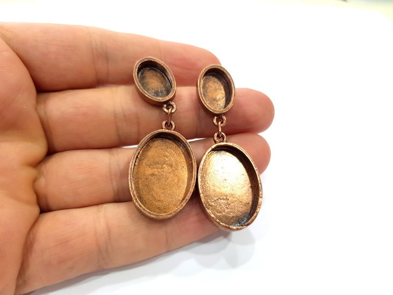 Earring Blank Base Settings Copper Resin Blank Cabochon Base inlay Mountings Antique Copper Plated Brass (25x18+14x10mm blank) 1 Set  G15008