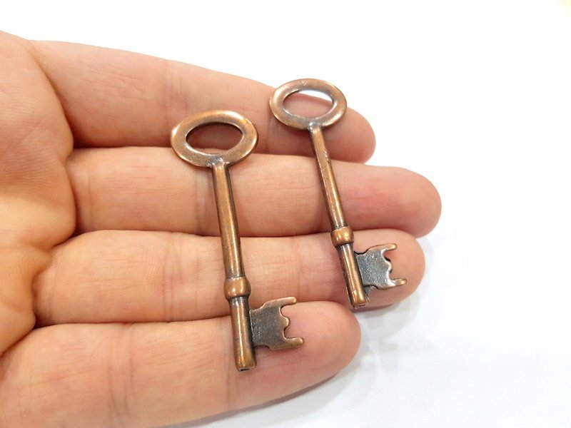 2 Key Charm Antique Copper Charm Antique Copper Plated Metal (56x18mm) G15729