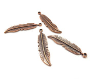 4 Feather Charm Antique Copper Charm Antique Copper Plated Metal (44x10mm) G15741