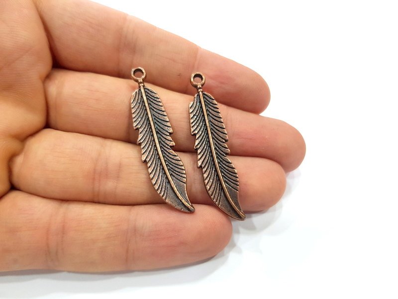 4 Feather Charm Antique Copper Charm Antique Copper Plated Metal (44x10mm) G15741