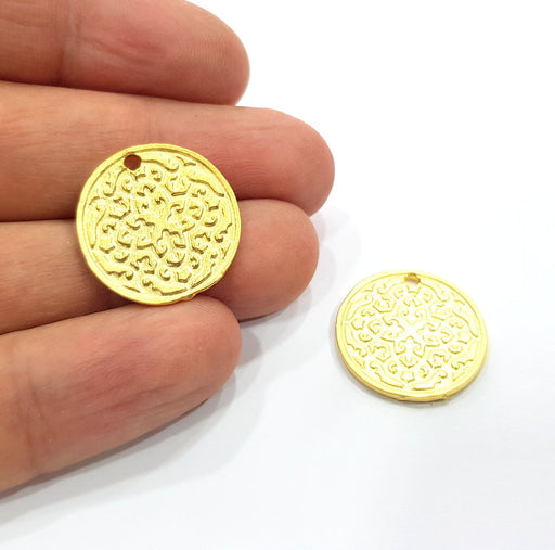 2 Patterned Round Charm Gold Charms Gold Plated Metal (20mm)  G15782