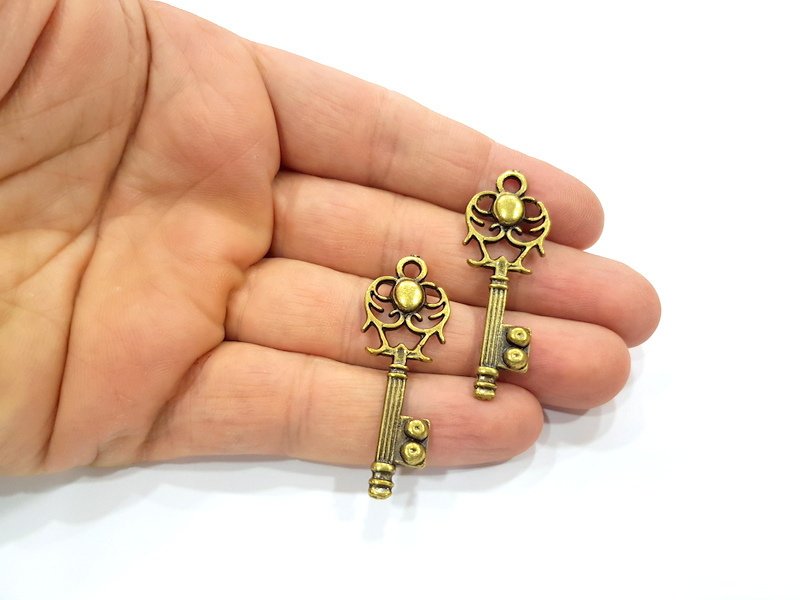 2 Key Charm Antique Bronze Charm Antique Bronze Plated Metal  (46x16mm) G15800