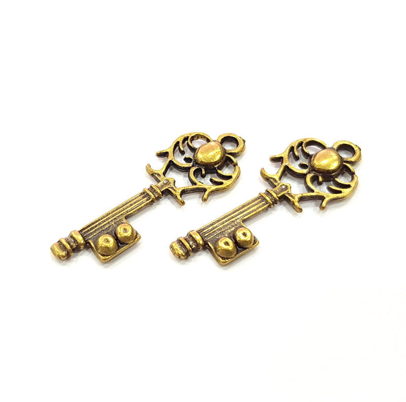 2 Key Charm Antique Bronze Charm Antique Bronze Plated Metal  (46x16mm) G15800