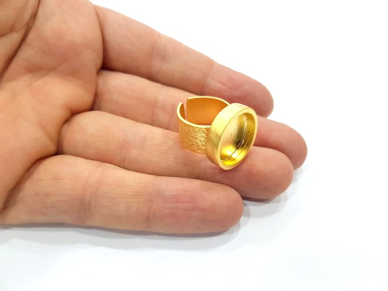 Gold Ring Base Blank Setting Cabochon Base inlay Ring Backs Mounting Adjustable Ring Base Bezel (16mm blank ) Gold Plated Metal G15880