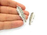 2 Feather Charm Silver Charm Antique Silver Plated Metal (50x13 mm)  G15229