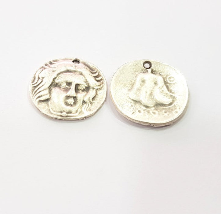 2 Coin Charm Silver Charm Antique Silver Plated Metal (24 mm)  G15241