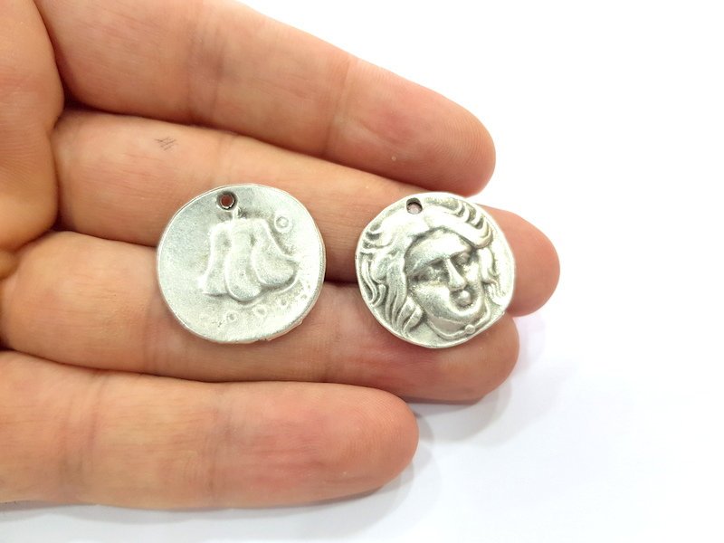 2 Coin Charm Silver Charm Antique Silver Plated Metal (24 mm)  G15241