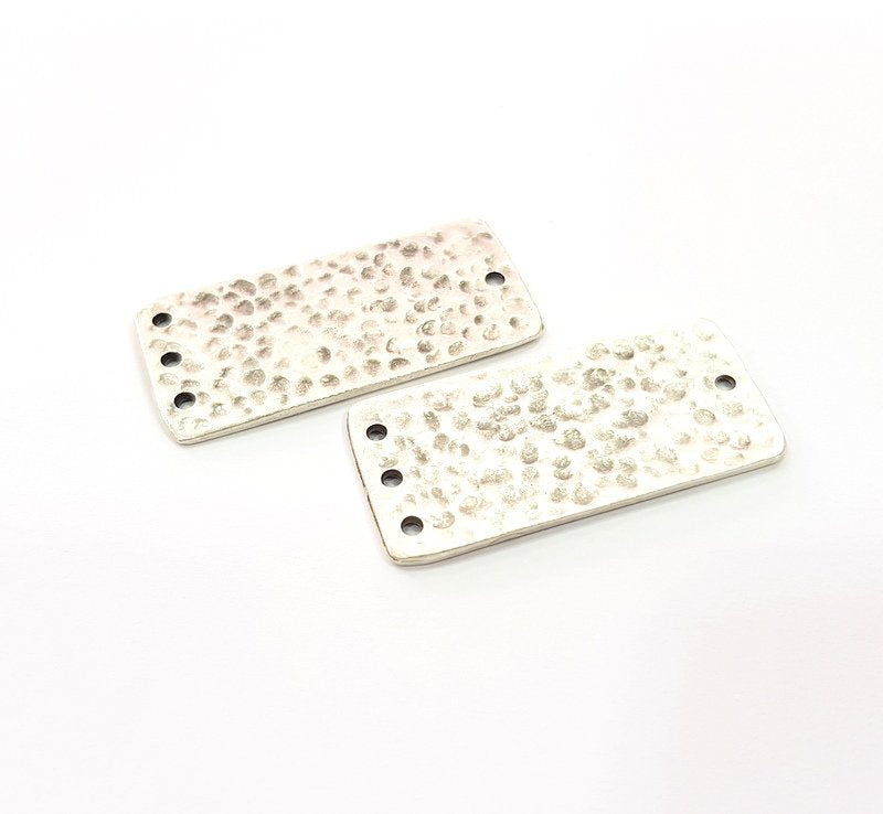 2 Hammered Rectangle Connector Charm Antique Silver Plated Metal (40x18 mm)  G15244