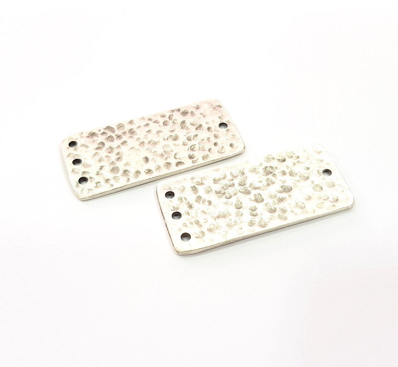 2 Hammered Rectangle Connector Charm Antique Silver Plated Metal (40x18 mm)  G15244