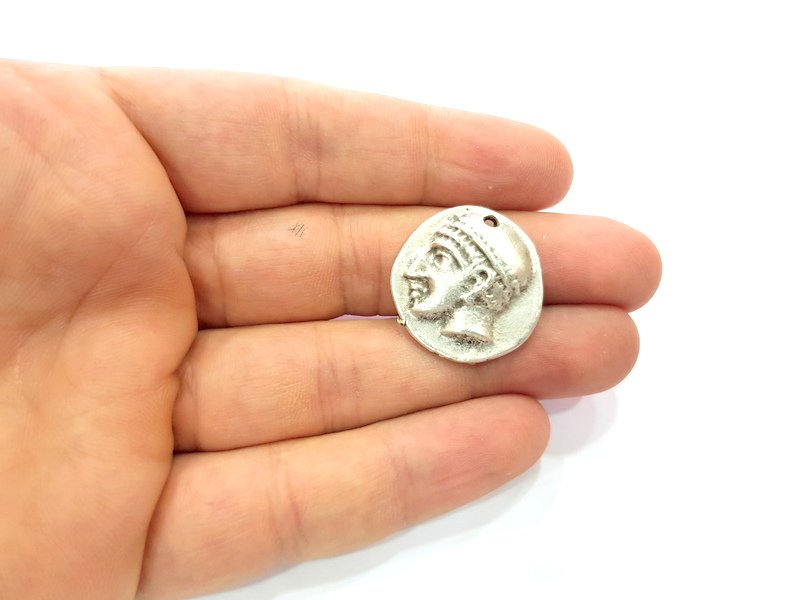 2 Coin Charm Silver Charm Antique Silver Plated Metal (25 mm)  G15247