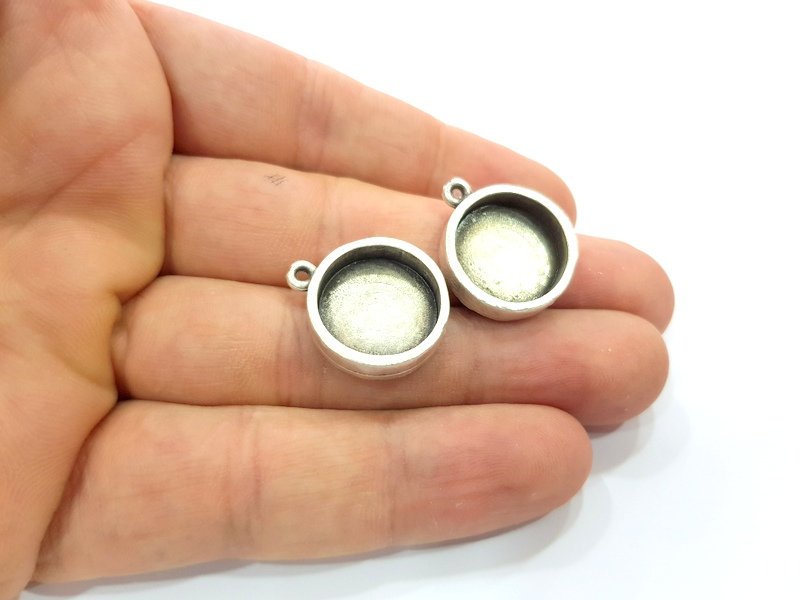 2 Silver Base Blank inlay Blank Pendant Base Resin Blank Mosaic Mountings Antique Silver Plated Metal (16 mm round blank )  G15250