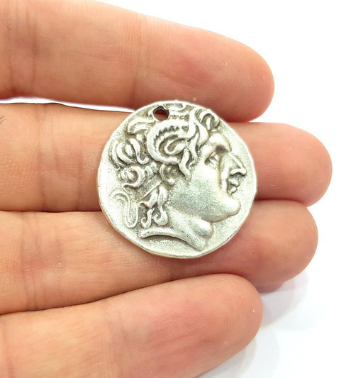 2 Coin Charm Silver Charm Antique Silver Plated Metal (28 mm)  G15254