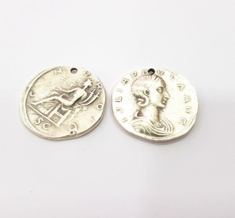 2 Coin Charm Silver Charm Antique Silver Plated Metal (29 mm)  G15258