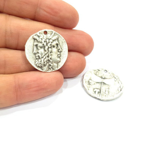 2 Coin Charm Silver Charm Antique Silver Plated Metal (25 mm)  G15262