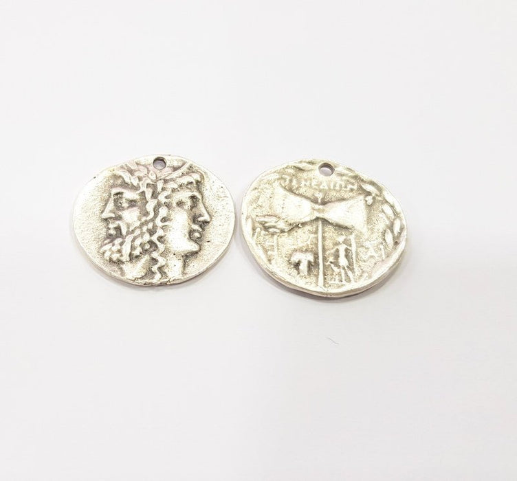 2 Coin Charm Silver Charm Antique Silver Plated Metal (25 mm)  G15262