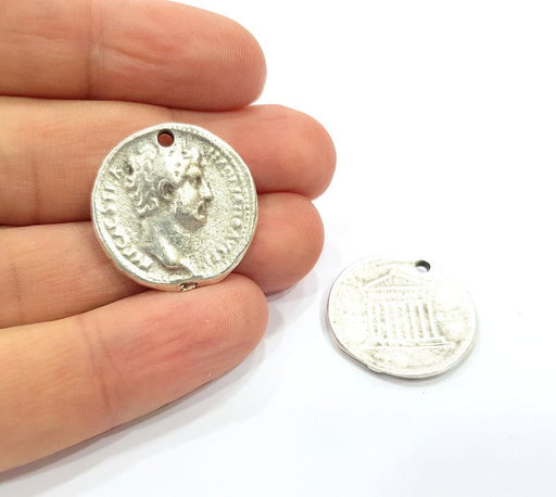 2 Coin Charm Silver Charm Antique Silver Plated Metal (25 mm)  G15266