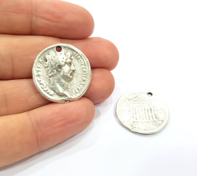 2 Coin Charm Silver Charm Antique Silver Plated Metal (25 mm)  G15266
