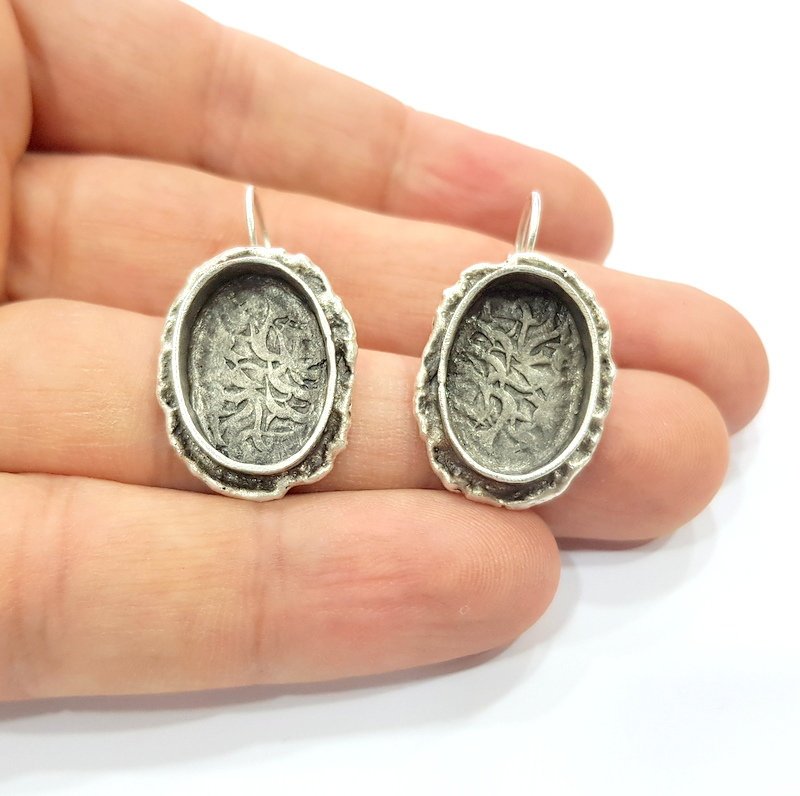 Earring Blank Base Settings Silver Resin Cabochon Base inlay Blank Mountings Antique Silver Plated Brass (18x13mm blank) 1 pair G15278