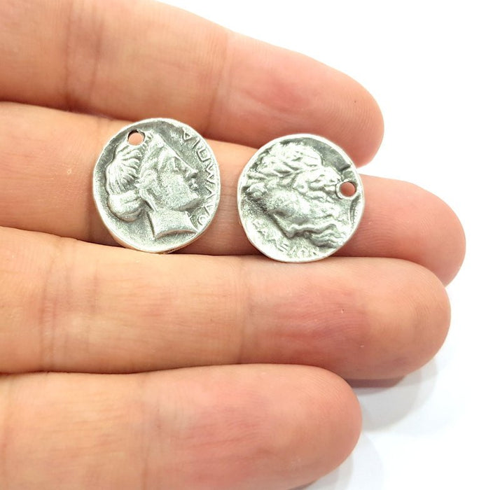 4 Coin Charm Silver Charm Antique Silver Plated Metal (18 mm)  G15295