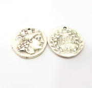 2 Coin Charm Silver Charm Antique Silver Plated Metal (28 mm)  G15301