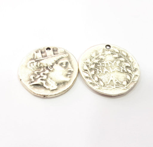 2 Coin Charm Silver Charm Antique Silver Plated Metal (28 mm)  G15301