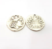 2 Coin Charm Silver Charm Antique Silver Plated Metal (28 mm)  G15301