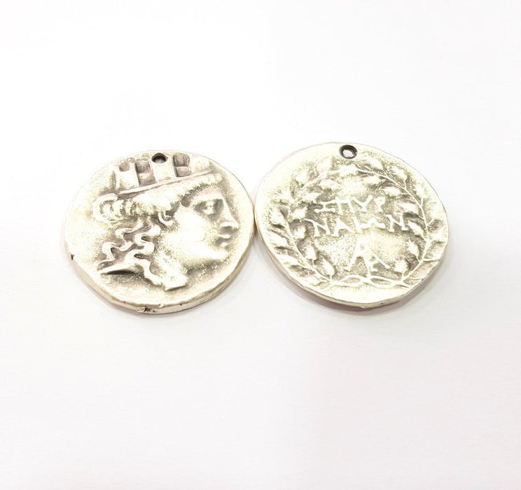 2 Coin Charm Silver Charm Antique Silver Plated Metal (28 mm)  G15301