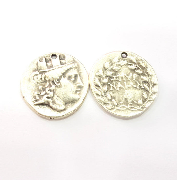 2 Coin Charm Silver Charm Antique Silver Plated Metal (28 mm)  G15301