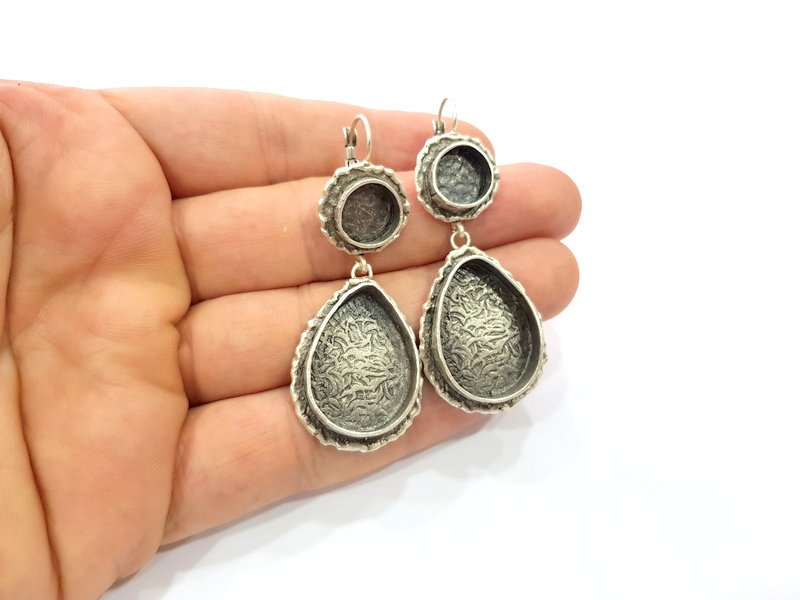 Earring Blank Base Settings Silver Resin Cabochon Base inlay Blank Mountings Antique Silver Plated Brass (25x18+10mm blank) 1 pair G15309