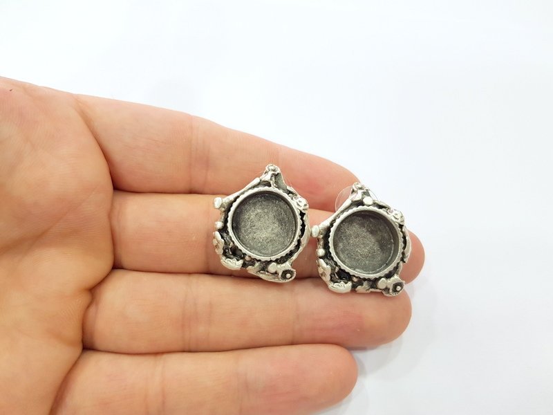 Earring Blank Base Settings Silver Resin Cabochon Base inlay Blank Mountings Antique Silver Plated Brass (15mm blank) 1 pair G16291