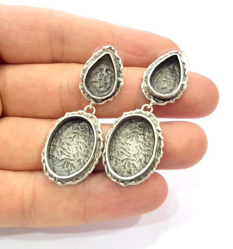 Earring Blank Base Settings Silver Resin Cabochon Base inlay Blank Mountings Antique Silver Plated Brass (20x15+14x10mm blank) 1 pair G15315