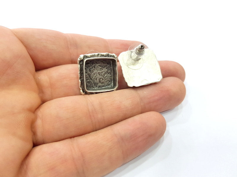 Earring Blank Base Settings Silver Resin Cabochon Base inlay Blank Mountings Antique Silver Plated Brass (14mm  blank) 1 pair G15327