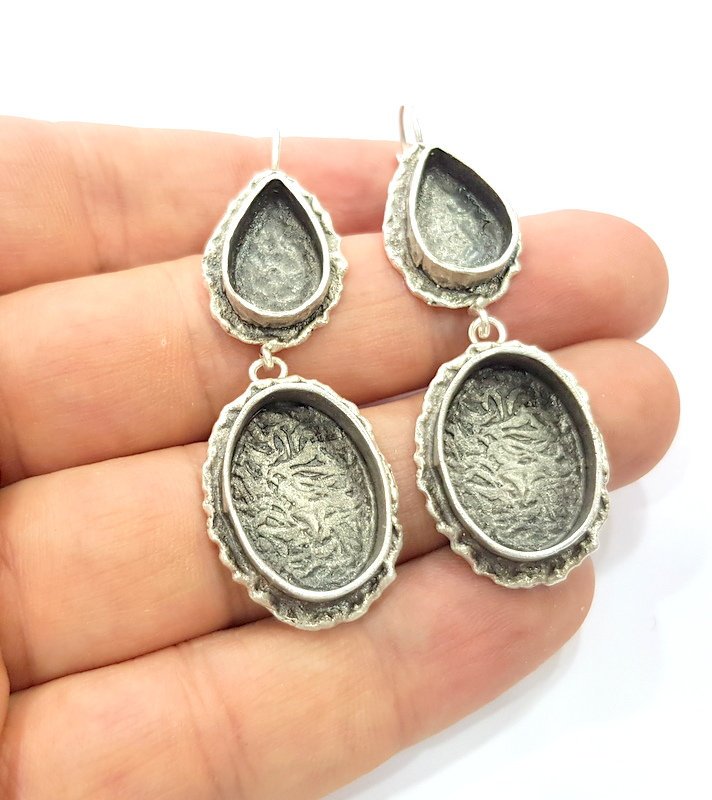 Earring Blank Base Settings Silver Resin Cabochon Base inlay Blank Mountings Antique Silver Plated Brass (20x15+14x10mm blank) 1 pair G15328