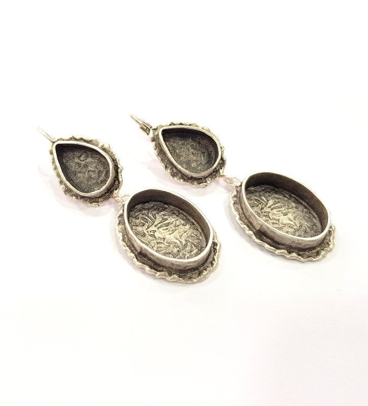 Earring Blank Base Settings Silver Resin Cabochon Base inlay Blank Mountings Antique Silver Plated Brass (20x15+14x10mm blank) 1 pair G15328